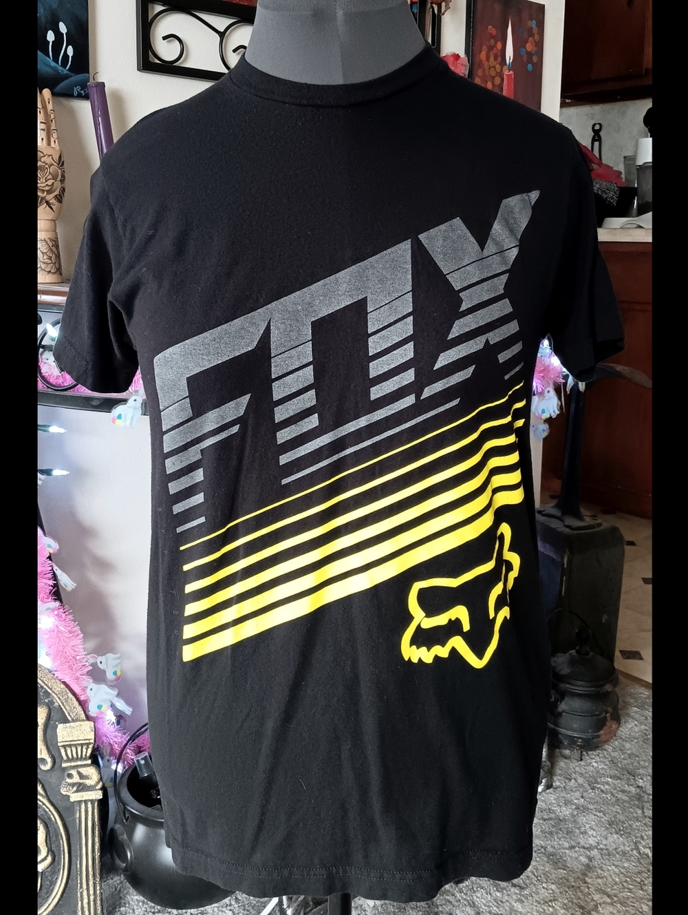 🖤 Fox Racing Standard Fit Cotton Tee T-shirt Mens Medium Logo Black Yellow Moto